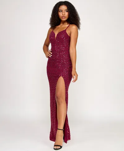 Seni & Cade Juniors' Sequin Power Mesh Gown In Burgundy