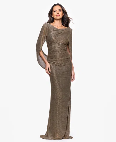 Betsy & Adam Women'sâ Long Metallic Crinkle Drape Back Boat Neck Dress In Brown