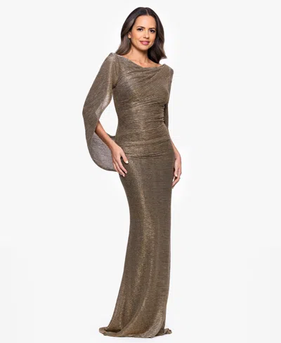 Betsy & Adam Women'sâ Long Metallic Crinkle Drape Back Boat Neck Dress In Brown