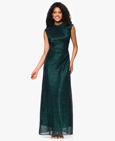 Betsy & Adam Petite "bethany" Crinkle Metallic Rouched Floor Length Dress In Green