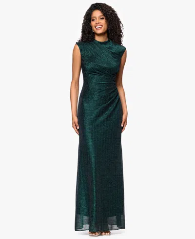 Betsy & Adam Petite "bethany" Crinkle Metallic Rouched Floor Length Dress In Green