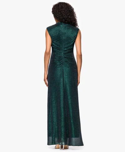 Betsy & Adam Petite "bethany" Crinkle Metallic Rouched Floor Length Dress In Green