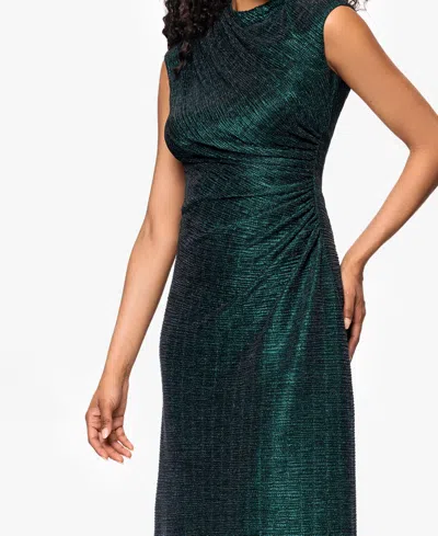 Betsy & Adam Petite "bethany" Crinkle Metallic Rouched Floor Length Dress In Green