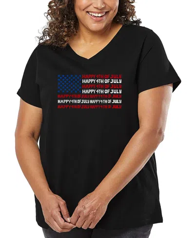 La Pop Art Plus Size Happy 4th Of July Word Art V-neck T-shirt In Black
