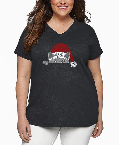 La Pop Art Plus Size Christmas Peeking Cat Word Art V-neck T-shirt In Gray