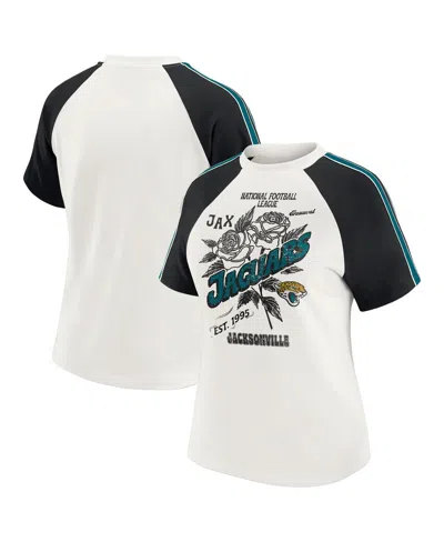 Wear By Erin Andrews Women's White Jacksonville Jaguars Sleeve Stripe Distressed Raglan T-shirt In White