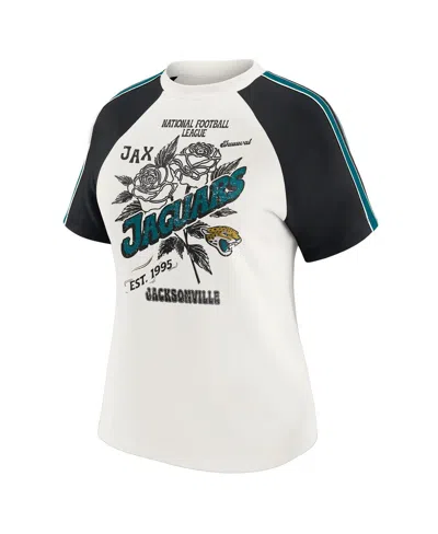 Wear By Erin Andrews Women's White Jacksonville Jaguars Sleeve Stripe Distressed Raglan T-shirt In White