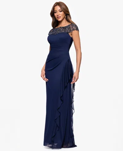 Xscape Petite Short-sleeve Boat Neck Dress In Blue