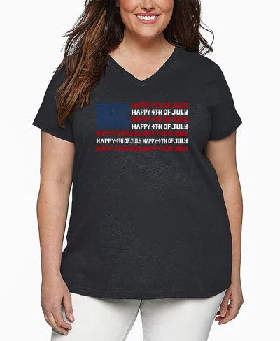 La Pop Art Plus Size Happy 4th Of July Word Art V-neck T-shirt In Gray