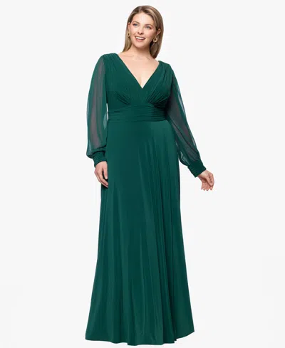 Betsy & Adam Plus Chiffon Long Sleeve V Neck Gown In Green
