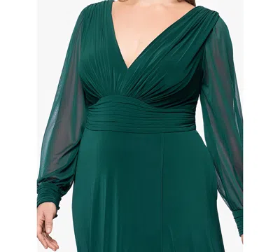Betsy & Adam Plus Chiffon Long Sleeve V Neck Gown In Green