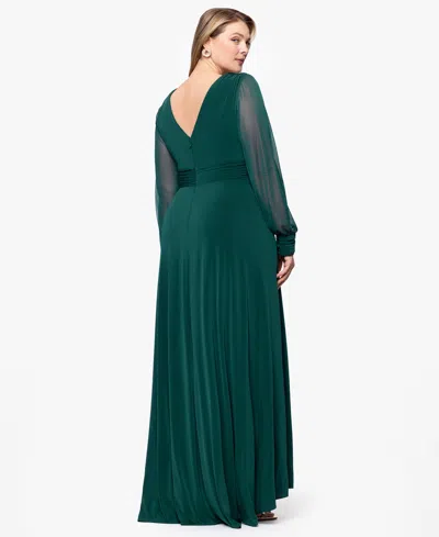 Betsy & Adam Plus Chiffon Long Sleeve V Neck Gown In Green