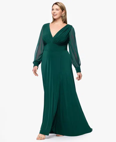 Betsy & Adam Plus Chiffon Long Sleeve V Neck Gown In Green