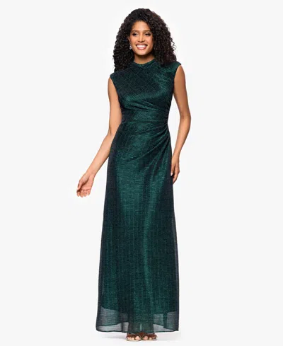 Betsy & Adam Metallic Crinkle Ruched Gown In Green