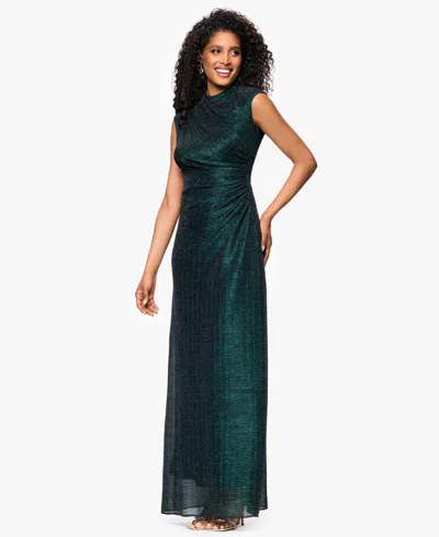 Betsy & Adam Metallic Crinkle Ruched Gown In Green
