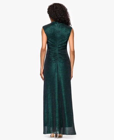 Betsy & Adam Metallic Crinkle Ruched Gown In Green