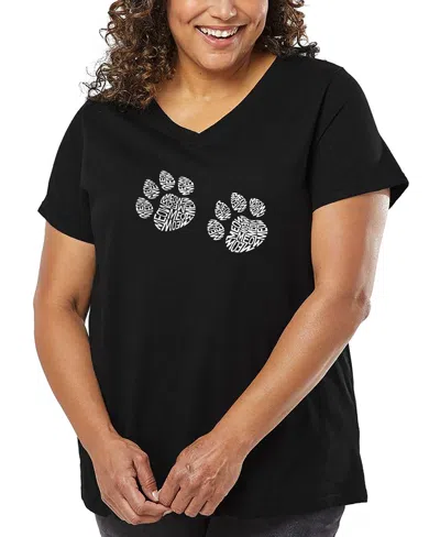 La Pop Art Plus Size Woof Paw Prints Word Art V-neck T-shirt In Black