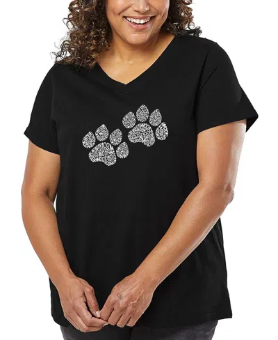 La Pop Art Plus Size Woof Paw Prints Word Art V-neck T-shirt In Black