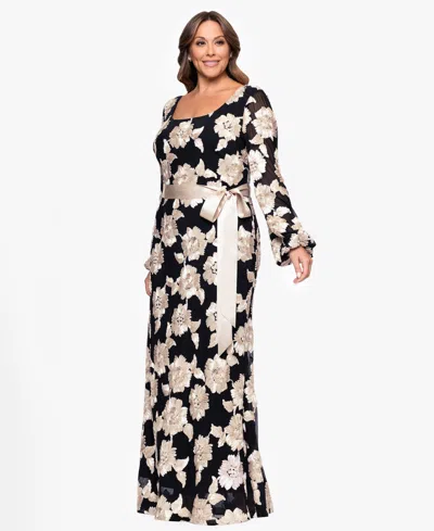 Betsy & Adam Plus Size Square Neck Stretch Rib Long Dress In Multi