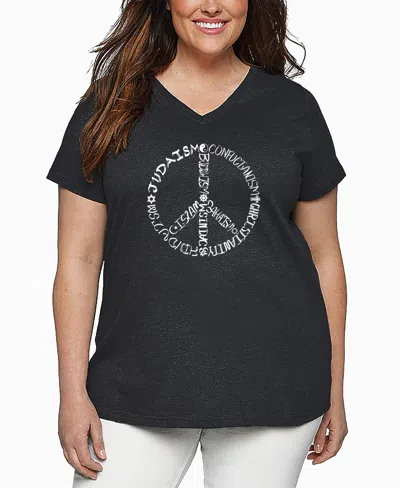 La Pop Art Plus Size Different Faiths Peace Sign Word Art V-neck T-shirt In Gray