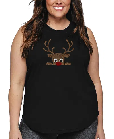 La Pop Art Plus Size Peeking Reindeer Word Art Tank Top In Black
