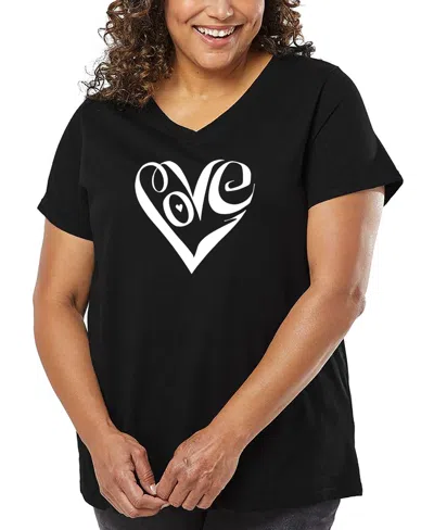 La Pop Art Plus Size Script Heart Word Art V-neck T-shirt In Black