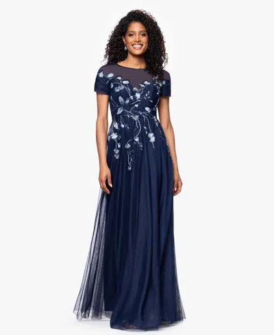 Betsy & Adam "aubrey" Mesh Sequin Embellished Short Sleeve Floor Length Dress In Blue