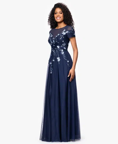 Betsy & Adam "aubrey" Mesh Sequin Embellished Short Sleeve Floor Length Dress In Blue
