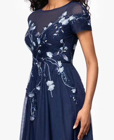 Betsy & Adam "aubrey" Mesh Sequin Embellished Short Sleeve Floor Length Dress In Blue