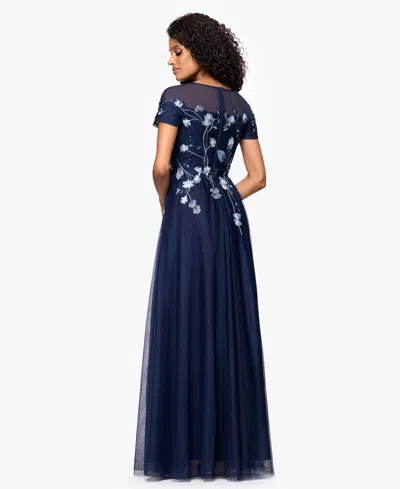 Betsy & Adam "aubrey" Mesh Sequin Embellished Short Sleeve Floor Length Dress In Blue