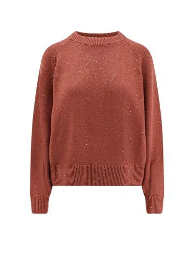 Brunello Cucinelli Cashmere And Silk Sweater With Sequins In Brown
