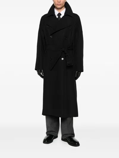 Saint Laurent Double-breasted Long Coat In Grain De Poudre Clothing In Black