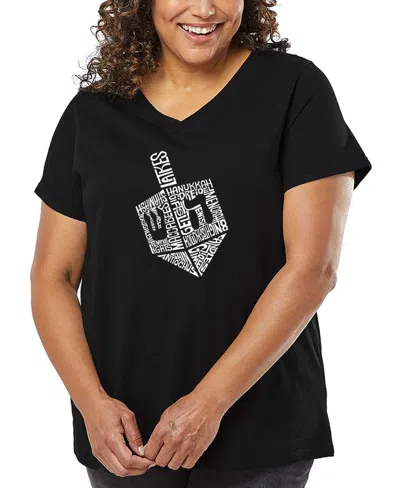 La Pop Art Plus Size Hanukkah Dreidel Word Art V-neck T-shirt In Black