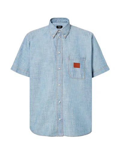 Fendi Collared Shirt With Pocket And Short Sleeves In Blue