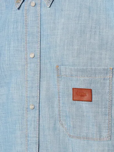 Fendi Collared Shirt With Pocket And Short Sleeves In Blue