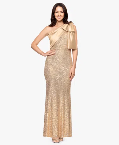 Betsy & Adam Sequin Bow One-shoulder Column Gown In Neutral