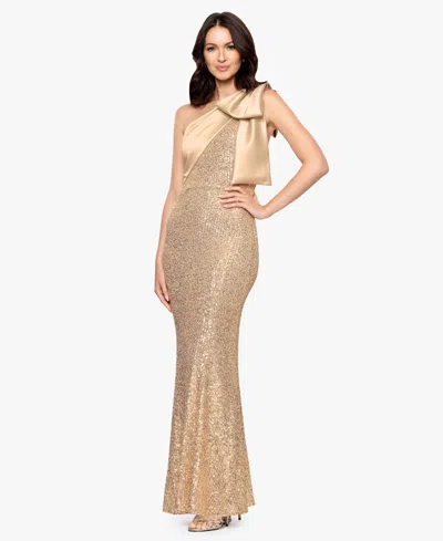 Betsy & Adam Sequin Bow One-shoulder Column Gown In Neutral