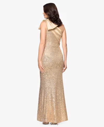 Betsy & Adam Sequin Bow One-shoulder Column Gown In Neutral
