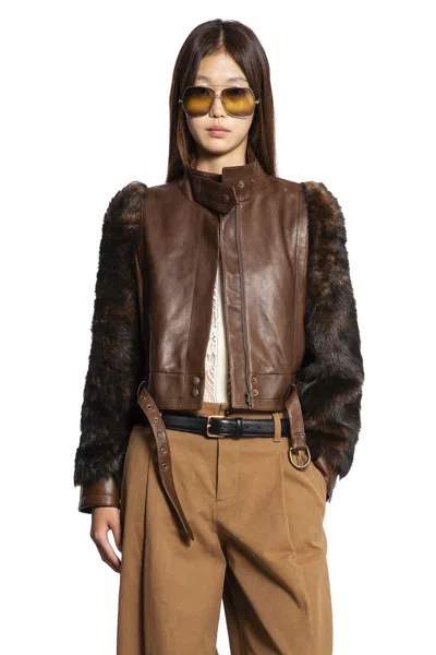 Chloé Leather Jacket With Belted Waist And Fur Sleeves In Brown