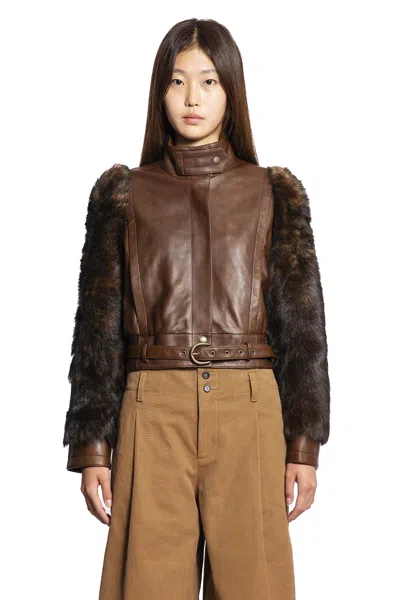 Chloé Leather Jacket With Belted Waist And Fur Sleeves In Brown