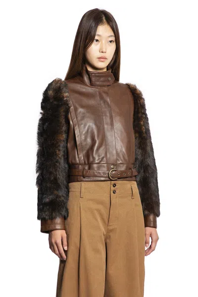 Chloé Leather Jacket With Belted Waist And Fur Sleeves In Brown