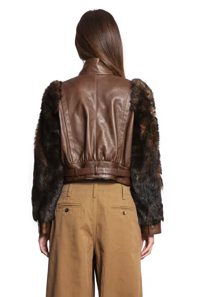 Chloé Leather Jacket With Belted Waist And Fur Sleeves In Brown