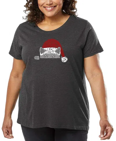 La Pop Art Plus Size Christmas Peeking Cat Word Art T-shirt In Gray