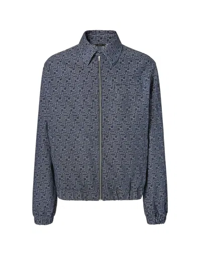 Fendi Embroidered Denim Bomber Jacket In Gray