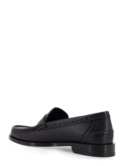 Fendi Round Toe Textured Leather Loafers In Black