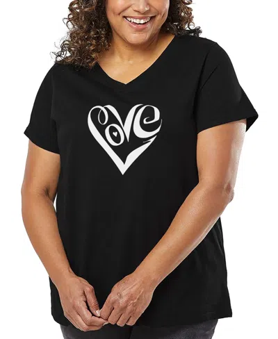 La Pop Art Plus Size Script Love Heart Word Art V-neck T-shirt In Black
