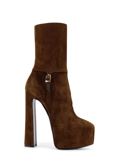 Saint Laurent Nico 155 Suede Platform Ankle Boots In Brown