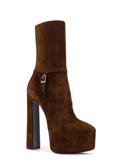 Saint Laurent Nico 155 Suede Platform Ankle Boots In Brown
