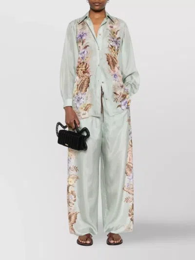 Zimmermann Floral Silk Shirt Featuring Buttoned Cuffs In Green