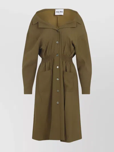Miu Miu Long Sleeve Dress With Pockets And Elastic Waist In Brown